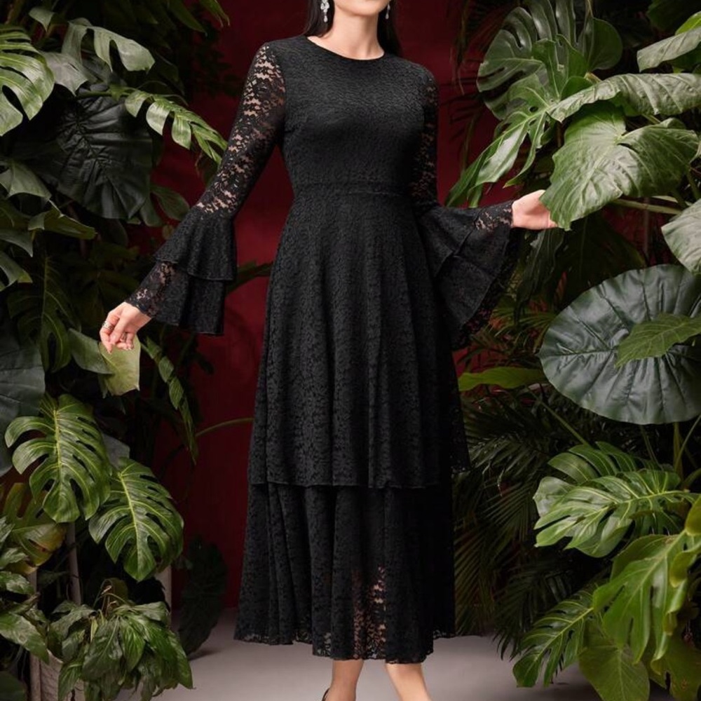 Black Lace Ruffle Dress - Picture 3 of 6